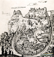 Burg Stein und Burggelände in einer künstlerischen Darstellung
