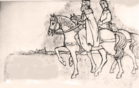 König auf Pferd mit Begleiter